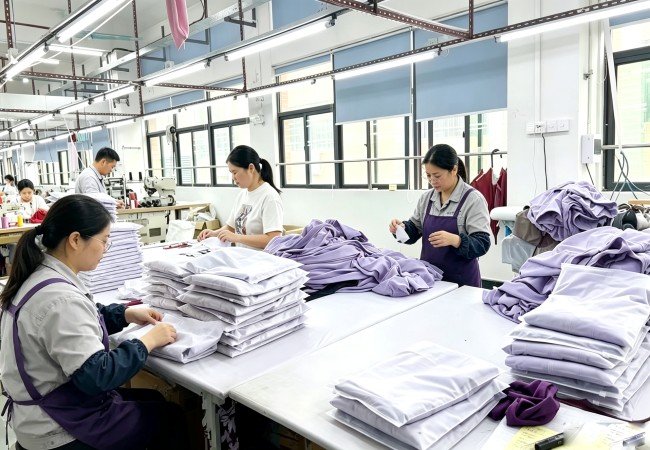 Sportswear factory production line with quality controlled apparel manufacturing
