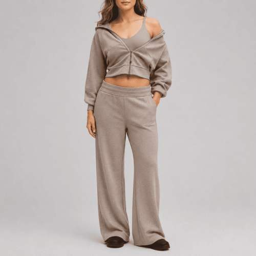 Custom Women's Cropped Hoodie Loungewear Set OEM ODM Wide Leg Lounge Pants